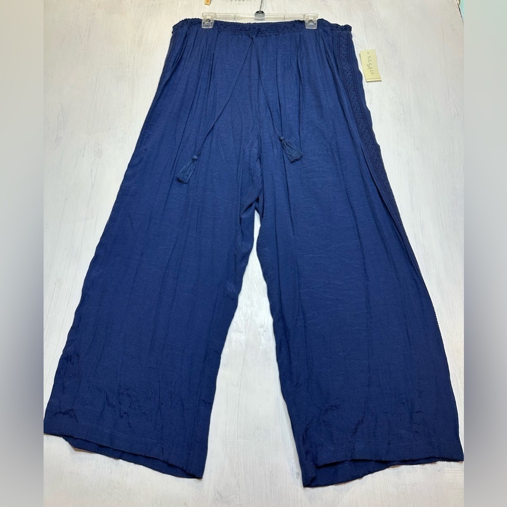 Studio JPR Navy Wide Leg Pants XL Smocked Waist Tassel Drawstring Boho Beach
